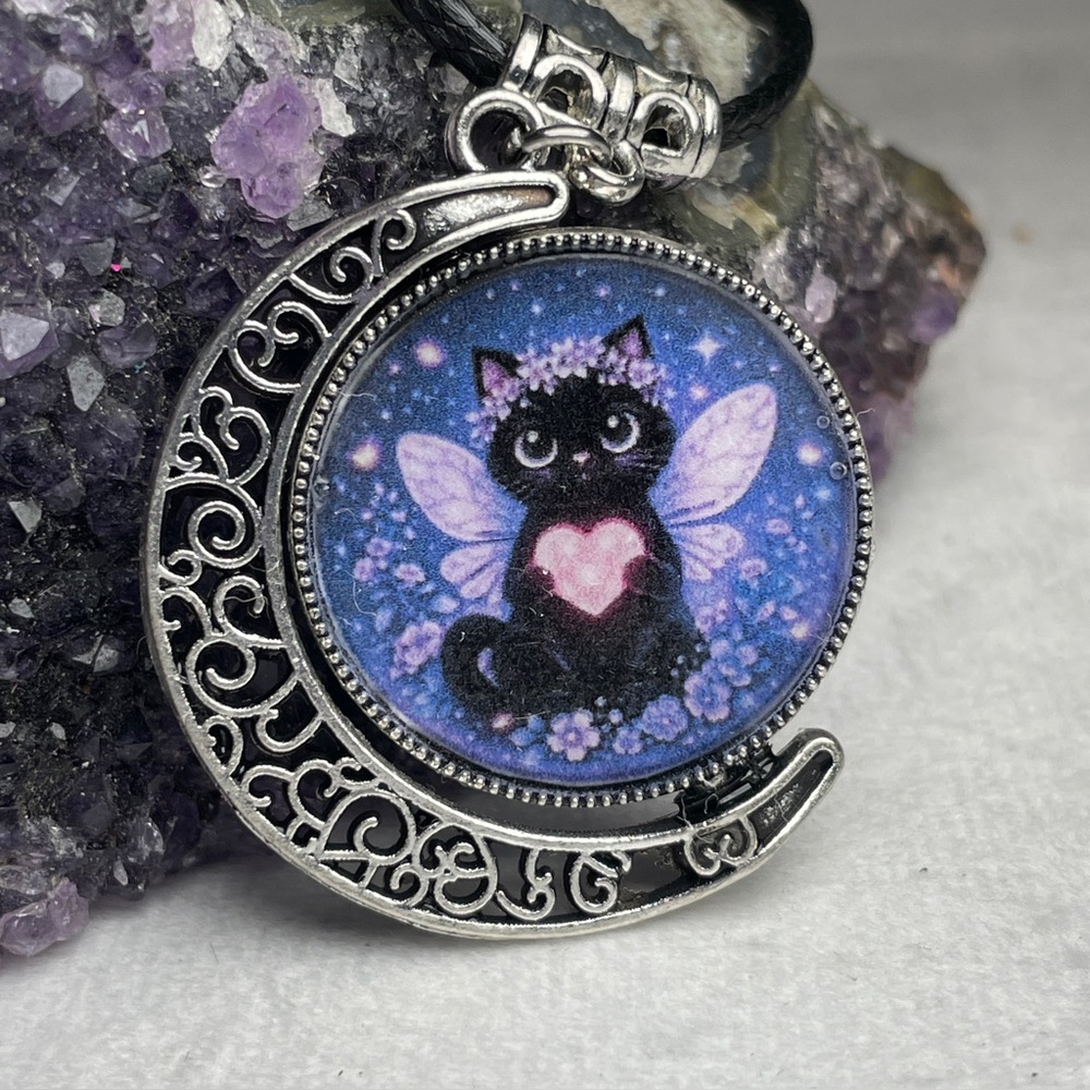 Double Black Cat Double Sided Moon Pendant - Gothic Witchy Jewelry -Artisan - Picture 2 of 16